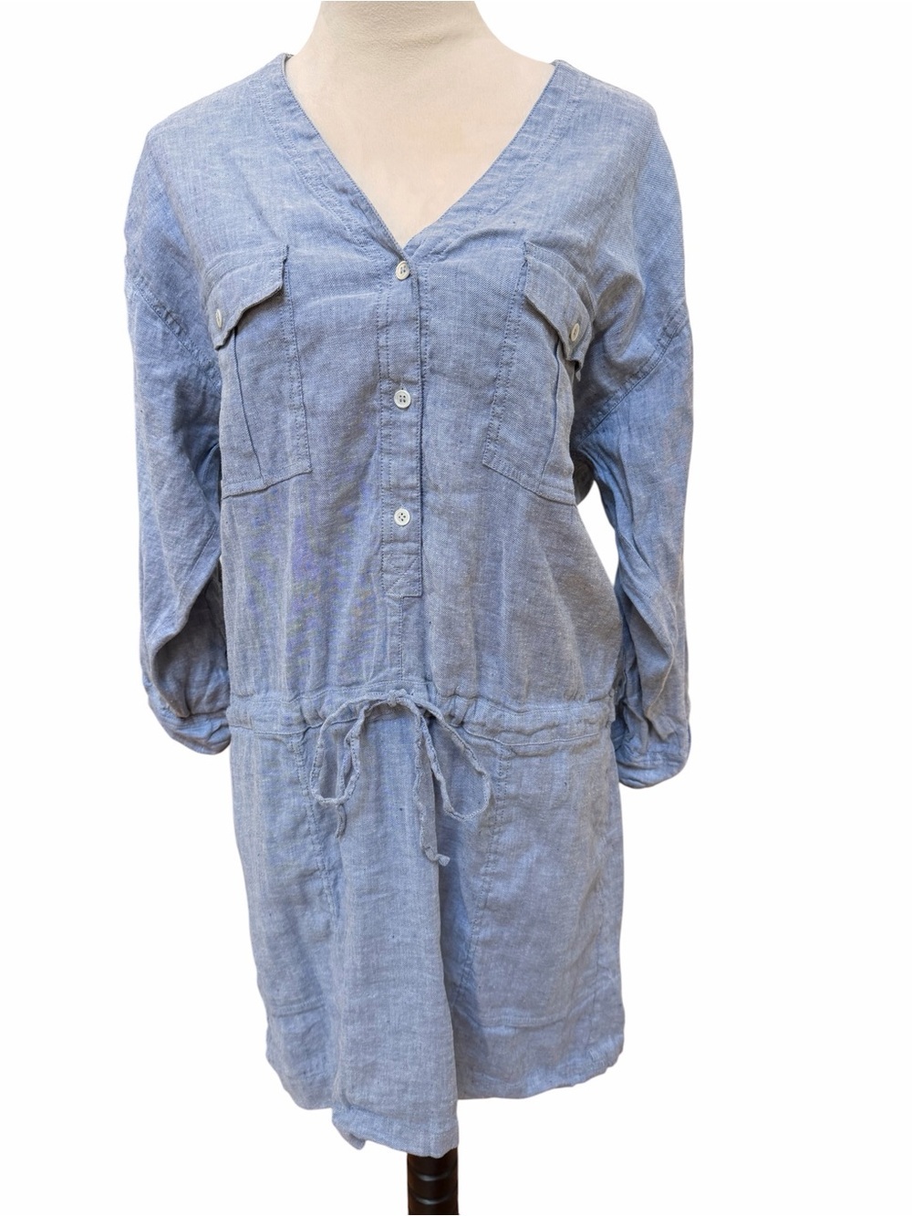 Theory Size 12 Light Blue Drawstring Shirt Dress Pockets 3/4 sleeve lightweight - Picture 2 of 9